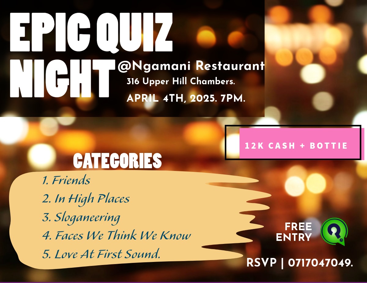 Quizmasters254's tweet photo. IT’S TONIGHT!

Hey quiz champs! Ready to put your brains to the test? Join us tonight at Ngamani Restaurant (Alan Bobbs Bistro , 316 Upper Hill. (7PM sharp) for a night of thrilling trivia, big laughs, &amp; 12K CASH + BOTTLE up for grabs!

Here’s a sneak peek at our categories:
1/3. https://t.co/bOFoJqeBl4