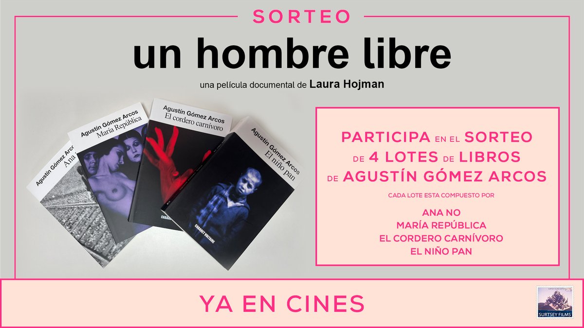 Surtsey Films (@surtseyfilms) on Twitter photo Por cortesía de la <a href="/Edit_Cabaret/">Editorial Cabaret Voltaire</a>, sorteamos 4 lotes de libros de Agustín Gómez Arcos, formados por sus obras más representativas.
📖PARA PARTICIPAR:
- Sigue nuestra cuenta.
- Repostea esta publicación para difundir el sorteo.
Entre todos los seguidores que hayan reposteado el Por cortesía de la <a href="/Edit_Cabaret/">Editorial Cabaret Voltaire</a>, sorteamos 4 lotes de libros de Agustín Gómez Arcos, formados por sus obras más representativas.
📖PARA PARTICIPAR:
- Sigue nuestra cuenta.
- Repostea esta publicación para difundir el sorteo.
Entre todos los seguidores que hayan reposteado el