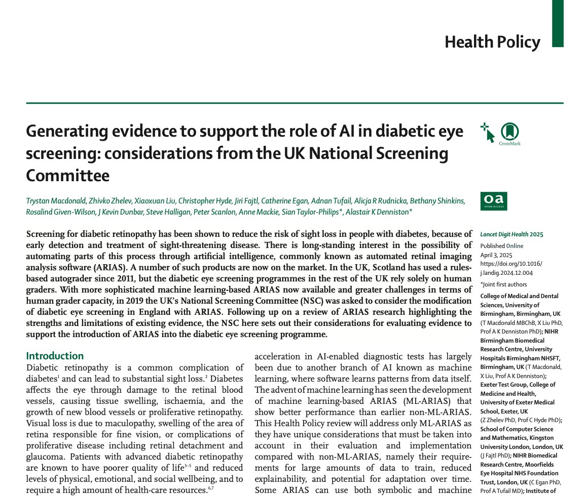 Xiao Liu (@drxiaoliu) on Twitter photo We have supported the UK National Screening Committee in the evidence approach for #AI in Diabetic Eye Screening over last few years.
In this paper we outline the NSC's considerations for evaluating ARIAs in England... more to come from <a href="/trystanbmacd/">Trystan Macdonald</a>
doi.org/10.1016/j.land… We have supported the UK National Screening Committee in the evidence approach for #AI in Diabetic Eye Screening over last few years.
In this paper we outline the NSC's considerations for evaluating ARIAs in England... more to come from <a href="/trystanbmacd/">Trystan Macdonald</a>
doi.org/10.1016/j.land…