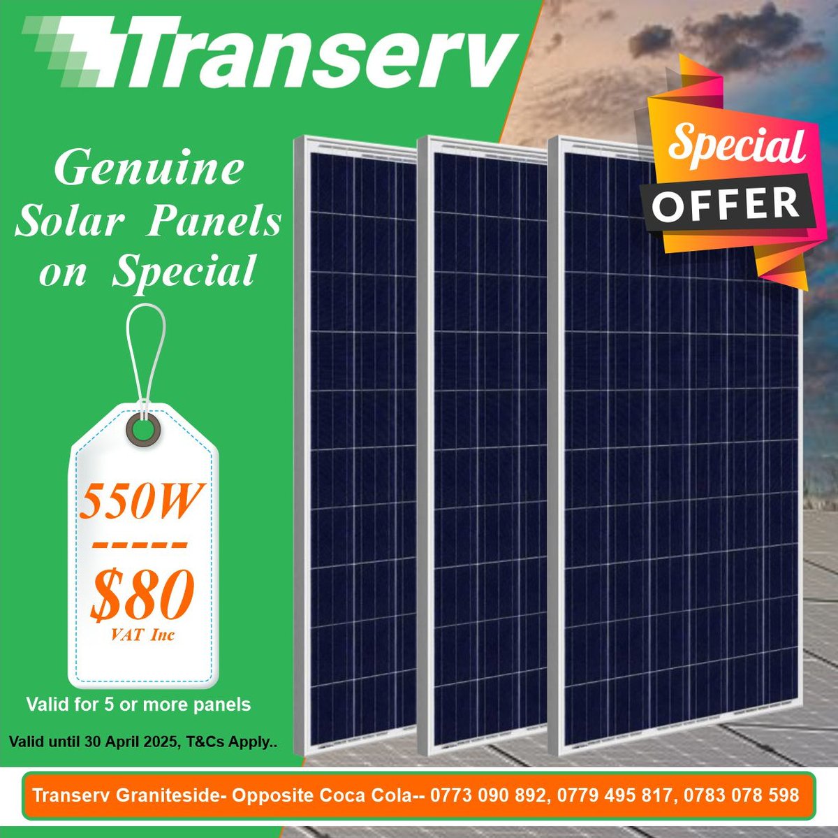 Transervzim's tweet photo. Unbeatable Prices on 550W Solar Panels!

Get genuine solar panels at the best prices on the market!

Limited Time Offer: $80 VAT Inc per panel

Don't miss out on this incredible deal! Contact us today to learn more and take advantage of this unbeatable price.

Hurry! Offer valid while stocks last!

Call 0773 090 892
