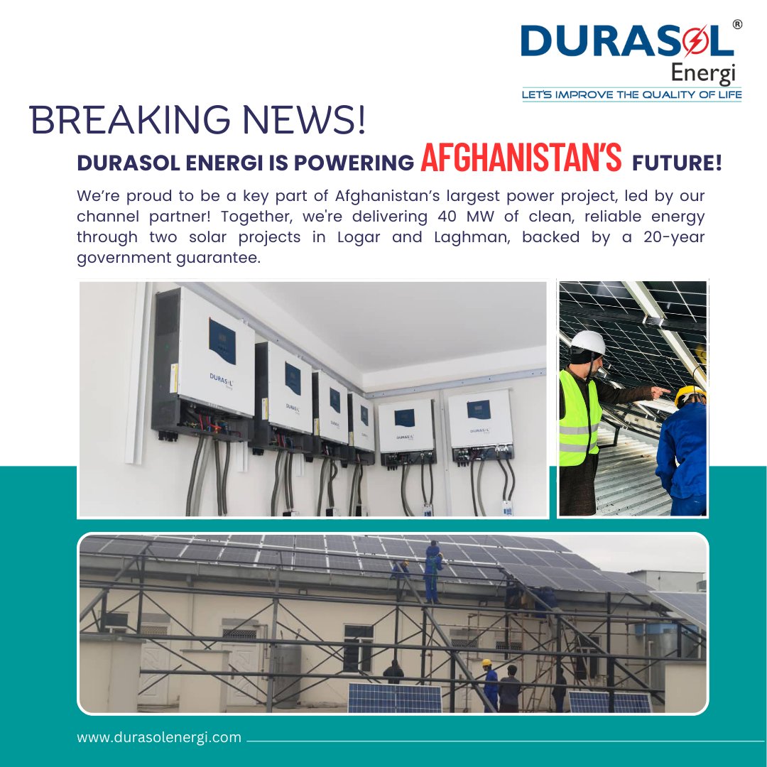 intelenergi6616's tweet photo. Durasol Energi is delivering 40 MW of clean solar energy in Logar &amp; Laghman, marking a major step in Afghanistan’s largest power project! Backed by a 20-year government guarantee, we’re ensuring a brighter, greener tomorrow. ☀️🔋 https://t.co/T2LhezcLWs