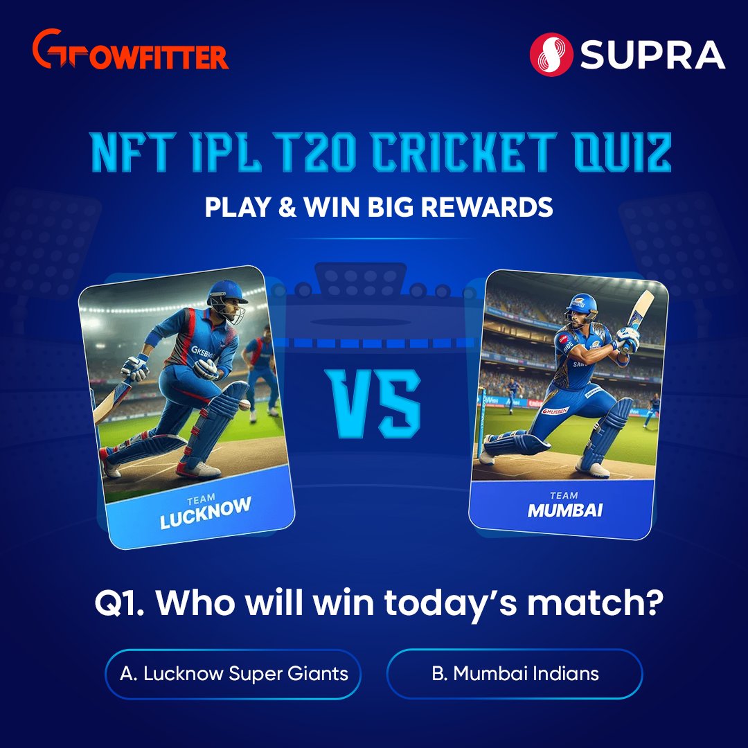 Growfitter (GFIT Token launching soon) (@growfitter) on Twitter photo 🏏 GROWFITTER X SUPRA <a href="/SUPRA_Labs/">Supra</a>
IPL MEGA GIVEAWAY 🥳 It’s a huge match & the pitch is set!🏟️  
Drop your prediction & 5 Lucky Winners with the correct answers win a Killer Men’s Wallet! 🎁
 A - Lucknow Super Giants  
 B -  Mumbai Indians 
 #Growfitter #Supra #IPL2024 🏏 GROWFITTER X SUPRA <a href="/SUPRA_Labs/">Supra</a>
IPL MEGA GIVEAWAY 🥳 It’s a huge match & the pitch is set!🏟️  
Drop your prediction & 5 Lucky Winners with the correct answers win a Killer Men’s Wallet! 🎁
 A - Lucknow Super Giants  
 B -  Mumbai Indians 
 #Growfitter #Supra #IPL2024