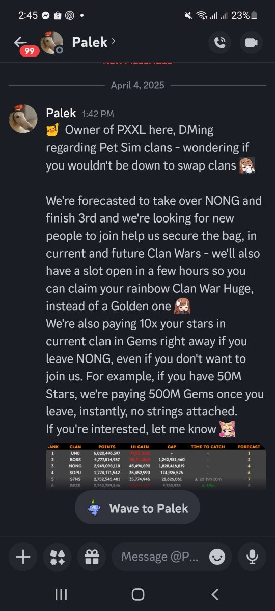 I guess my last post upset PXXL. Now their owner is offering gems to our members to leave NONG mid-battle.

#PetSimulator99 <a href="/BuildIntoGames/">BIG Games</a> <a href="/CoderJoey/">Joe</a> <a href="/CoderConner/">Conner</a> <a href="/chickenputty/">Adam</a> <a href="/palek_x/">PalekX</a>