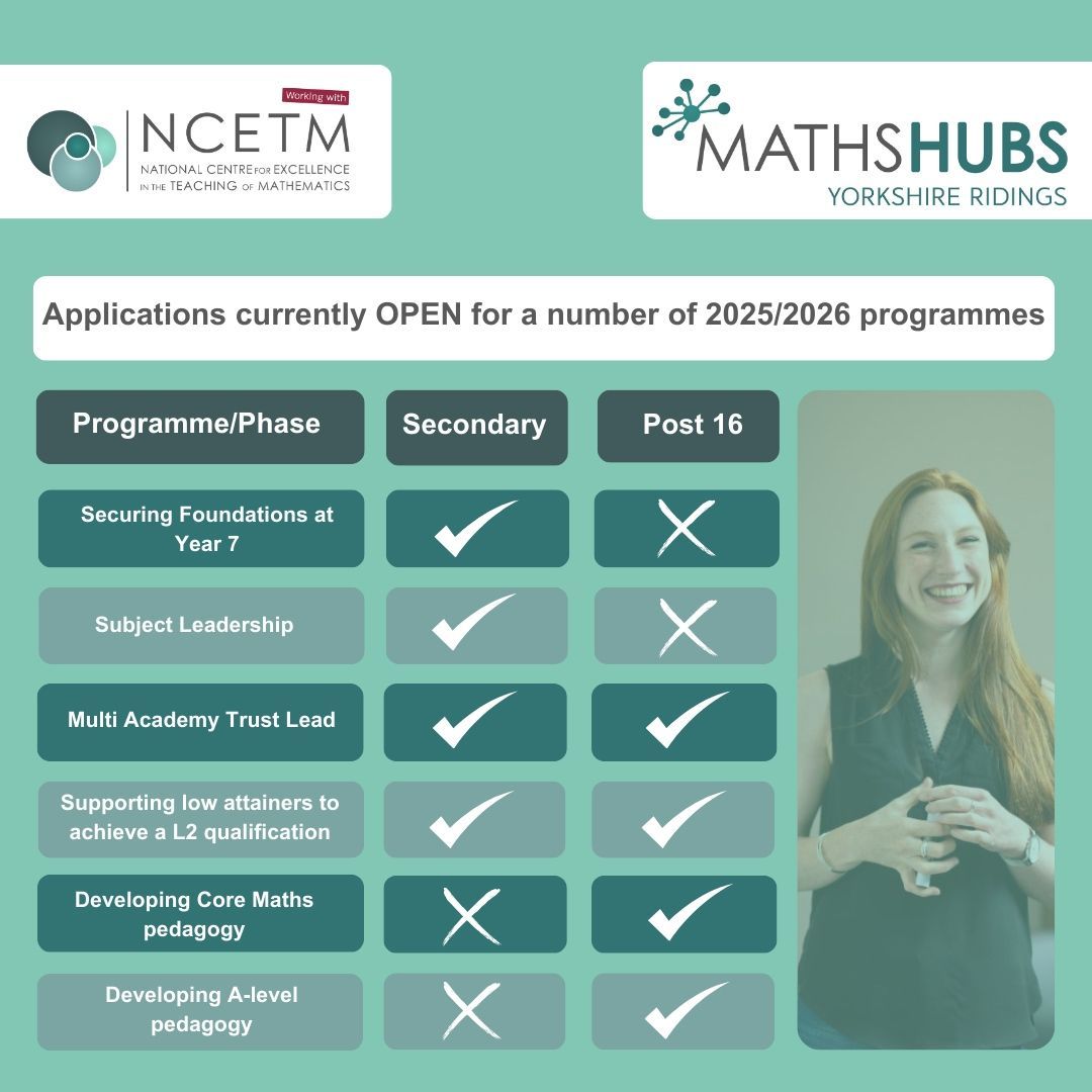 Reserve your free place now on one of our 2025/2026 programmes - available across Secondary and/or Post 16 phases.

For more info visit tinyurl.com/mwhnfrjn

#NCETM #freeCPD #mathsCPD #ThePowerOfMaths #MathsTeacher #MathsEducation #MathsHubs

<a href="/NCETM/">NCETM</a>
