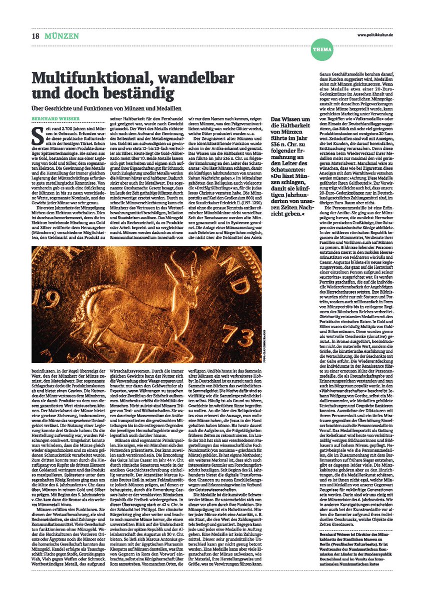 Münzen und Medaillen sind Zeitzeugen: Sie überdauern Jahrhunderte und erzählen Geschichte – von der Ermordung Caesars bis zu modernen Werbetricks. Wie sie Gesellschaften geprägt haben und es noch immer tun, zeigt <a href="/WeisserBernhard/">Bernhard Weisser</a> in unserem Schwerpunkt --> politikkultur.de/schwerpunkte/m…