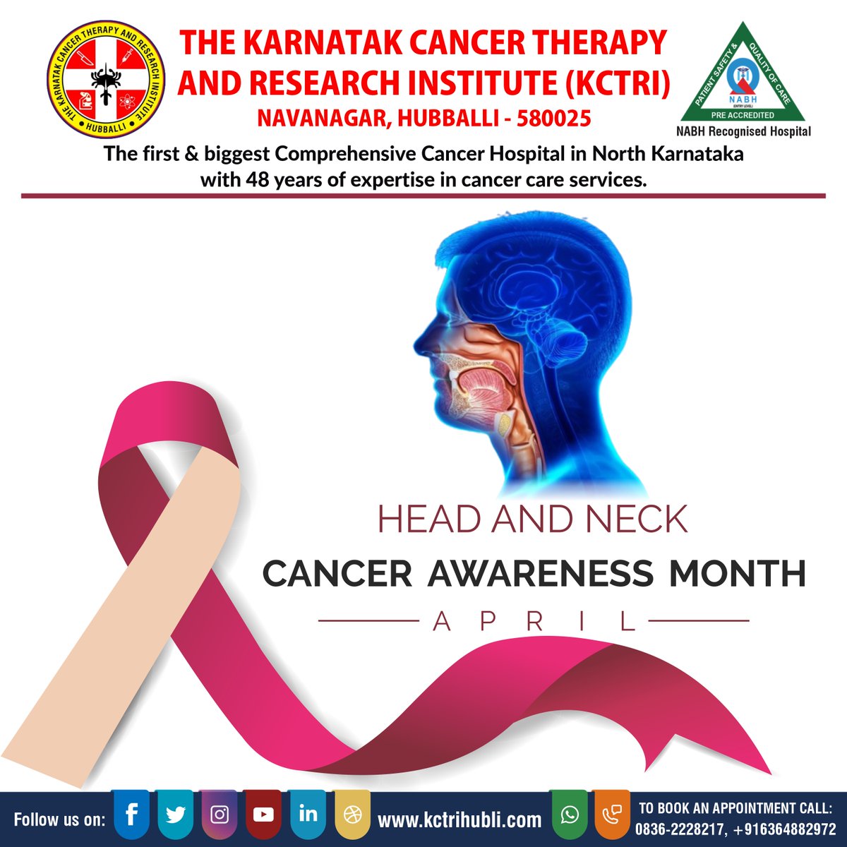 KctriHubballi's tweet photo. 🌸 April: Head &amp; Neck Cancer Awareness Month! 🎗️ Stay alert!

🔍 Signs: Sore throat, hoarseness, lumps, swallowing issues.
💡 Prevent: Avoid tobacco, eat healthy, get screened!
#KCTRI cares. Spread awareness! 💙

#CancerAwareness #EarlyDetection #KCTRIHubli https://t.co/V7Q8OMjgJB