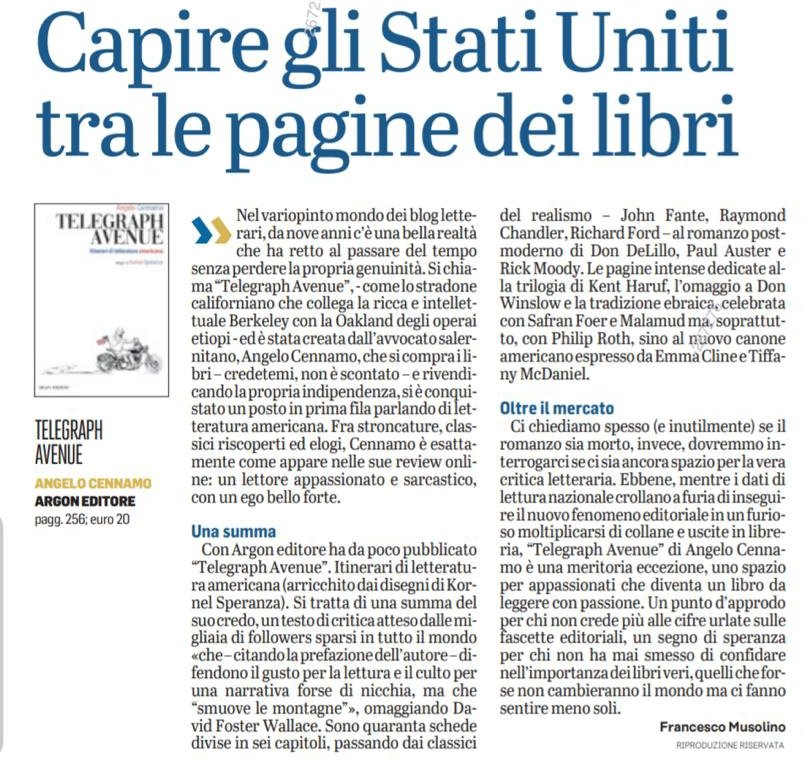 Francesco Musolino scrive di Telegraph Avenue su L'Unione Sarda.