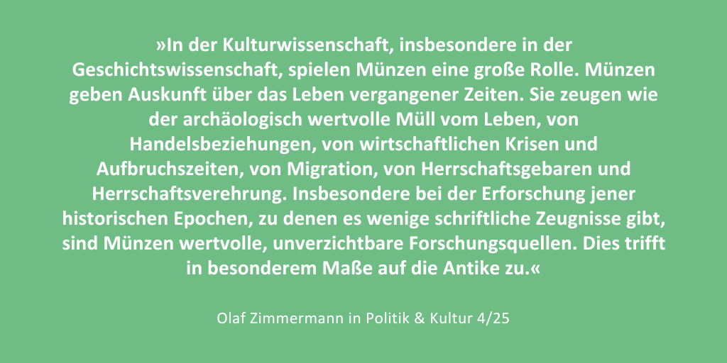 Vom Notgroschen bis zum Groschen, der gefallen ist - Münzen tragen Geschichten, die tief in unserer #Kultur verankert sind. In unserem Schwerpunkt widmet sich <a href="/olaf_zimmermann/">Olaf Zimmermann</a> der Welt der Münzen, die weitaus mehr sind als ein tägliches Zahlungsmittel --> politikkultur.de/schwerpunkte/m…