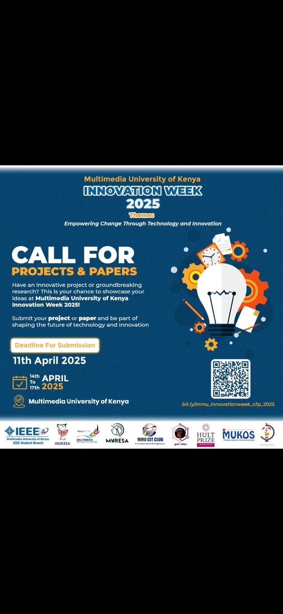 Do you have a groundbreaking project or research idea? This is your chance to shine at Multimedia University of Kenya Innovation Week 2025! 🌍💡

Submit your projects &amp; papers and be part of shaping the future of technology and innovation. Don’t miss out.