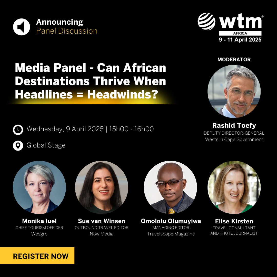 #VoyagesAfriq | Can African destinations truly thrive in the face of global challenges? 

Engage in the Media Panel at <a href="/WTM_Africa/">WTM Africa</a> 2025 for an insightful discussion moderated by <a href="/Rashid_Toefy/">Rashid Toefy</a>, featuring top industry leaders.

Register now: bit.ly/3CYfjT1