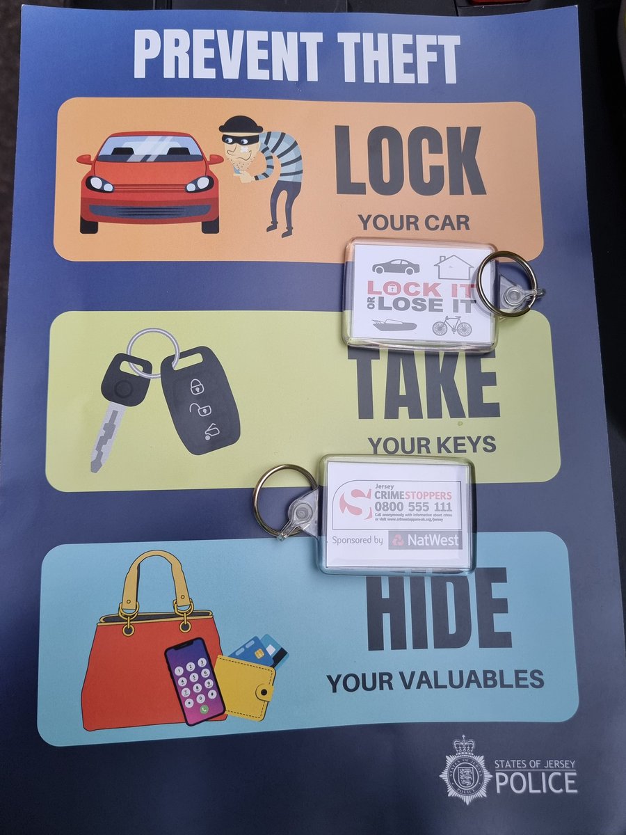 Back in St Helier this morning  reminding commuters to lock their vehicles.  Here's a poster to remind you.👋👋. Lock your vehicles,  hide valuables and take your keys with you. Thank you.