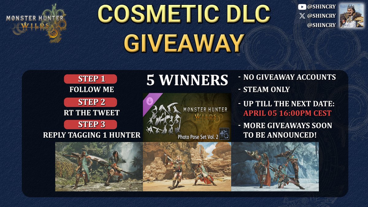 9000 Followers before the TU1! 😭❤️

As a way of thanking you all and since I believe the poses should be available for everyone, I'm doing a #MHWilds giveaway, so at least 5 hunters can enjoy them in the new HUB!

Just follow me,  RT this and reply while @ a hunter!
STEAM ONLY