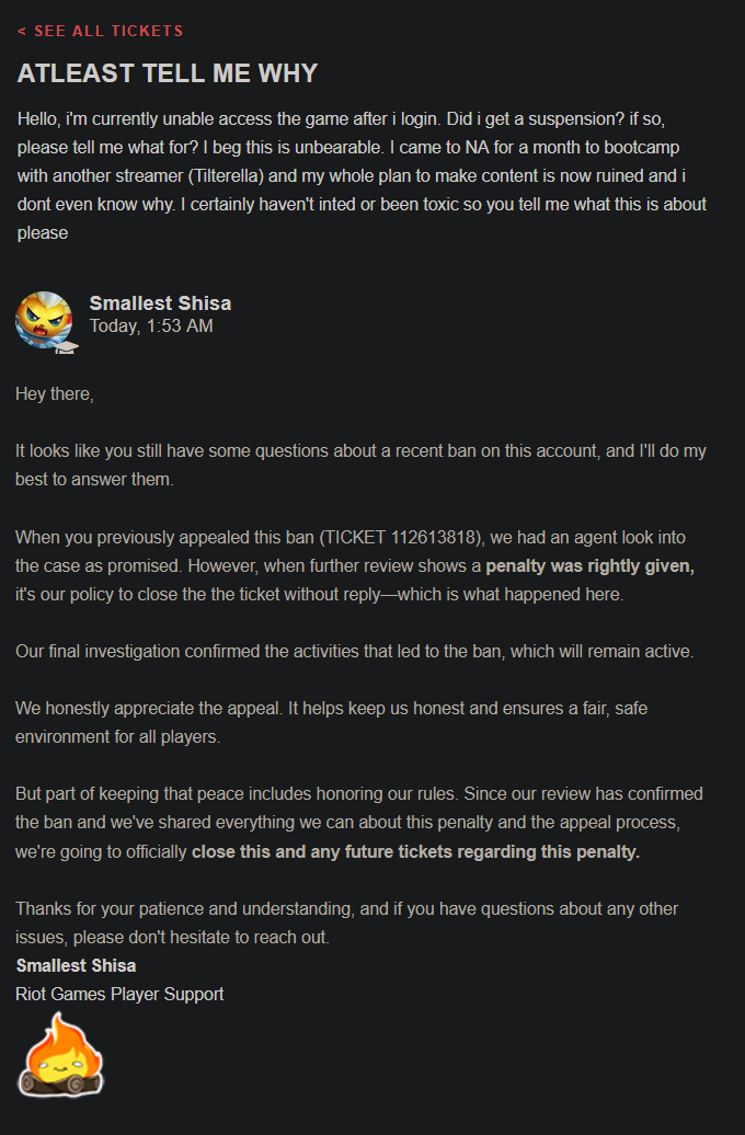 BARDÎNETTE (@fukvvon) on Twitter photo I STILL DON'T KNOW WHY I GOT A SUSPENSION
I DON'T EVEN KNOW IF IT'S 14 DAY OR PERMA
WHAT THE ACTUAL FUCK IS WRONG WITH <a href="/RiotSupport/">Riot Games Support</a>
LOOK AT THIS REPLY. YOU CANT MAKE THIS SHIT UP
IS THIS SOME SORT OF TRUMP TARIFF ON EUROPEAN IMPORT THING ? IDK ANYMORE I STILL DON'T KNOW WHY I GOT A SUSPENSION
I DON'T EVEN KNOW IF IT'S 14 DAY OR PERMA
WHAT THE ACTUAL FUCK IS WRONG WITH <a href="/RiotSupport/">Riot Games Support</a>
LOOK AT THIS REPLY. YOU CANT MAKE THIS SHIT UP
IS THIS SOME SORT OF TRUMP TARIFF ON EUROPEAN IMPORT THING ? IDK ANYMORE
