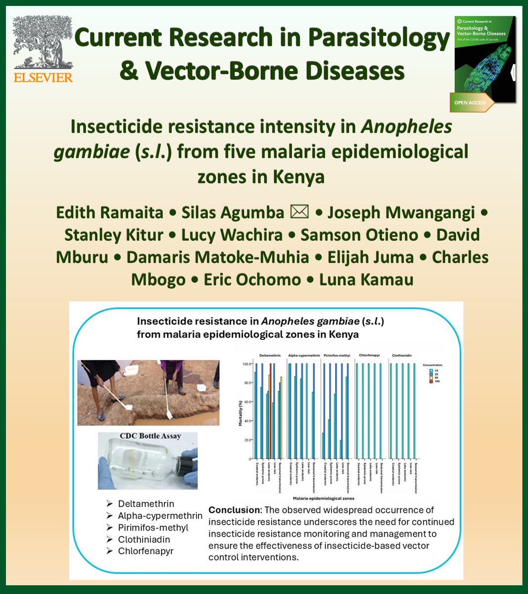 Aneta Kostadinova (@anetkostadinova) on Twitter photo NEW in Current Research in Parasitology & Vector-Borne Diseases @CRPVBD
#OpenAccess
▶️sciencedirect.com/science/articl…
<a href="/SilasAgumba/">Agumba silas</a> <a href="/eochomo/">eric ochomo</a> <a href="/MwangangiJ3103/">Joseph Mwangangi</a> <a href="/kwambo_2/">Damaris Matoke</a> <a href="/Tung_Jowi/">Juma Elijah, PhD</a> @Davmburu1
📌 Insecticide resistance in Anopheles gambiae (s.l.) was studied in five malaria epidemiological NEW in Current Research in Parasitology & Vector-Borne Diseases @CRPVBD
#OpenAccess
▶️sciencedirect.com/science/articl…
<a href="/SilasAgumba/">Agumba silas</a> <a href="/eochomo/">eric ochomo</a> <a href="/MwangangiJ3103/">Joseph Mwangangi</a> <a href="/kwambo_2/">Damaris Matoke</a> <a href="/Tung_Jowi/">Juma Elijah, PhD</a> @Davmburu1
📌 Insecticide resistance in Anopheles gambiae (s.l.) was studied in five malaria epidemiological