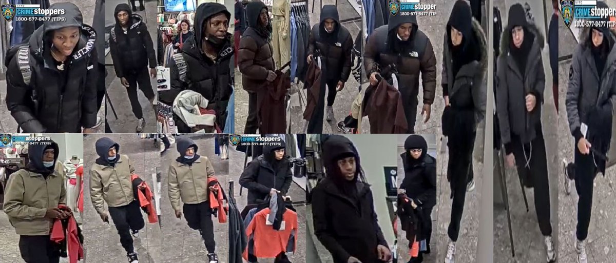 WANTED-COMMERCIAL ROBBERY: On 3/20/25
@NYPD19PCT inside 1127 3 Ave, five unidentified individuals came into the store &amp; forcibly removed various items of clothing totaling approximately $2,200. Any info call us at 800-577-TIPS  Reward up to $3,500.