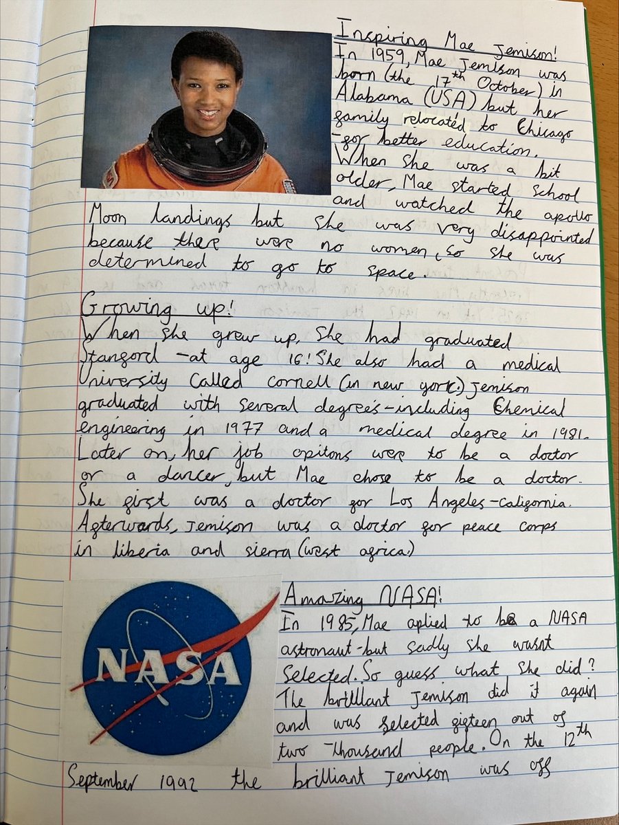 Year 5 have written biographies about Mae Jemison for their Best Writes this term. Well done Year 5! <a href="/NASA/">NASA</a> #maejemison #space #writing