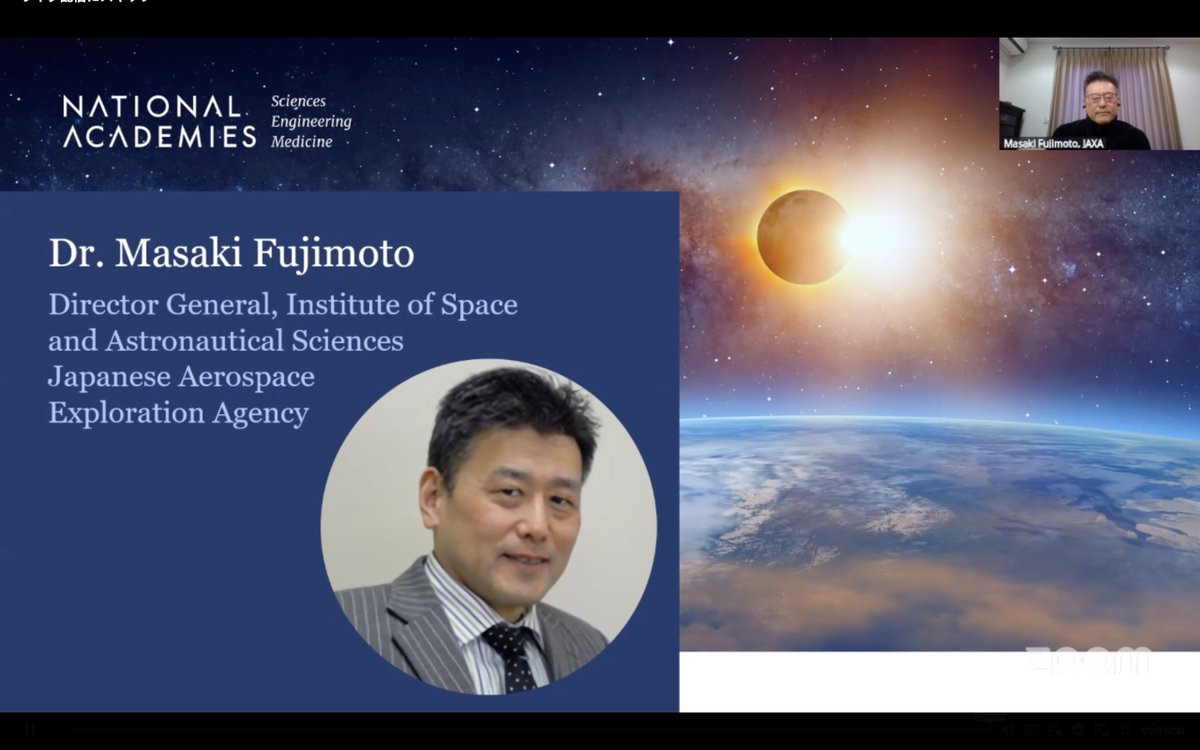 ISAS_JAXA_EN's tweet photo. ISAS Director General Fujimoto Masaki spoke online at the US National Academies #SpaceScienceWeek, highlighting Hayabusa2, MMX, SLIM, XRISM, & planetary defence. He discussed the significance of missions that serve as stepping stones in advancing international space science. https://t.co/8tLx9TvIBu
