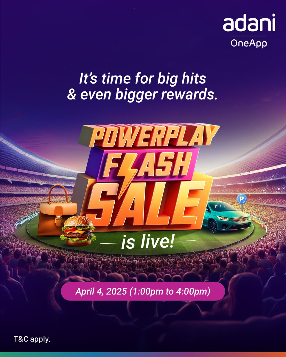 Adani_One's tweet image. The time is now! ⏰ Powerplay Flash Sale is now LIVE on Adani OneApp! ⚡️Grab all the amazing offers 🏏 on Duty Free, Food &amp;amp; Beverages purchases, Car Parking, and more. Explore Adani OneApp now! - bit.ly/3R2IWcG

#CricketSeason #RewardingExperiences #AdaniOneApp