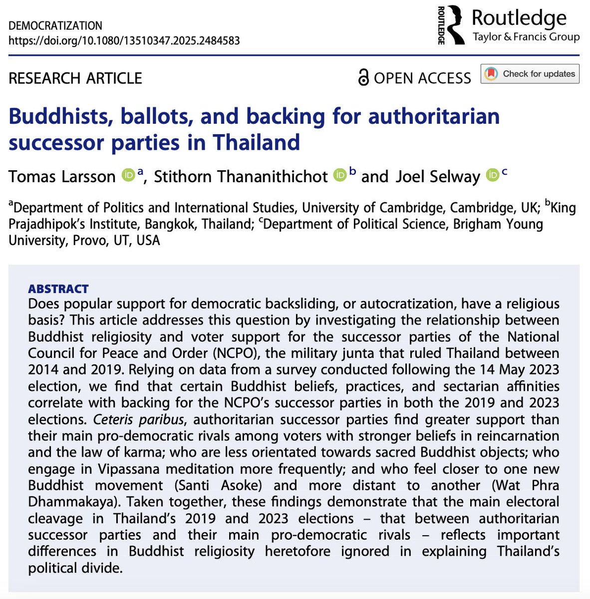 🚨New publication🚨 Buddhists, ballots, and backing for authoritarian successor parties in #Thailand

w/ <a href="/Stithorn/">Stithorn</a> and <a href="/joelselway/">Joel Selway สวัสดิ์</a>. We argue main political cleavage reflects differences in Buddhist religiosity hitherto ignored in studies of Thai electoral politics

Link below: