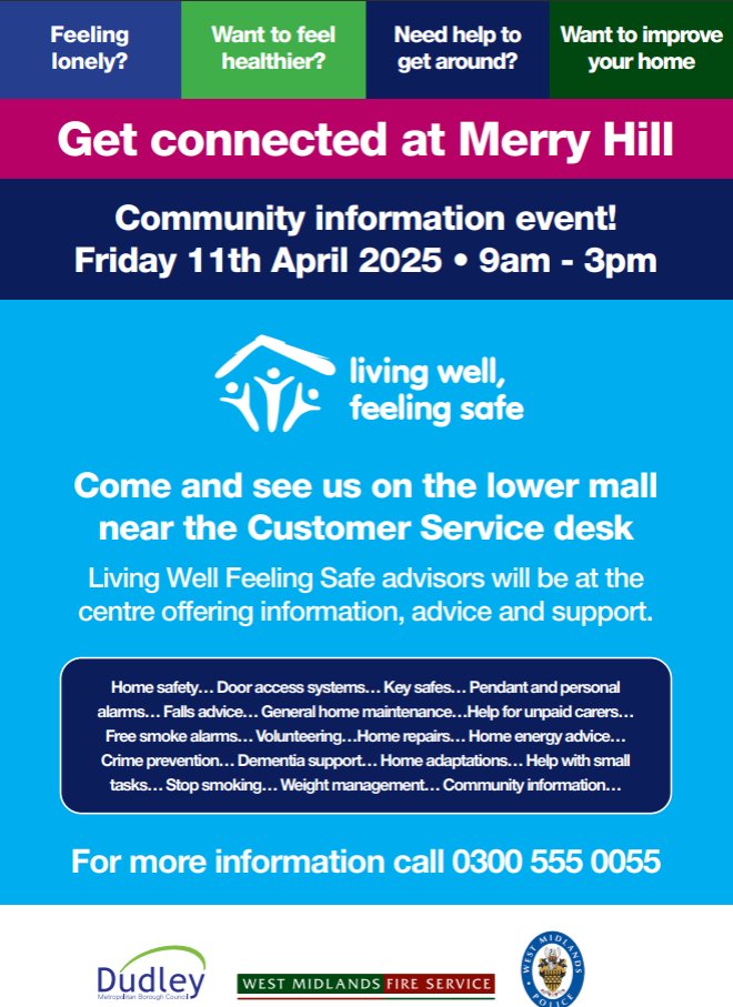 On Friday, you can 'Get connected at Merry Hill' where lots of organisations will be there to share support and information. Pop along between 9am-3pm to the lower mall near the customer service desk. Our CDW, Marissa, will be popping along too.