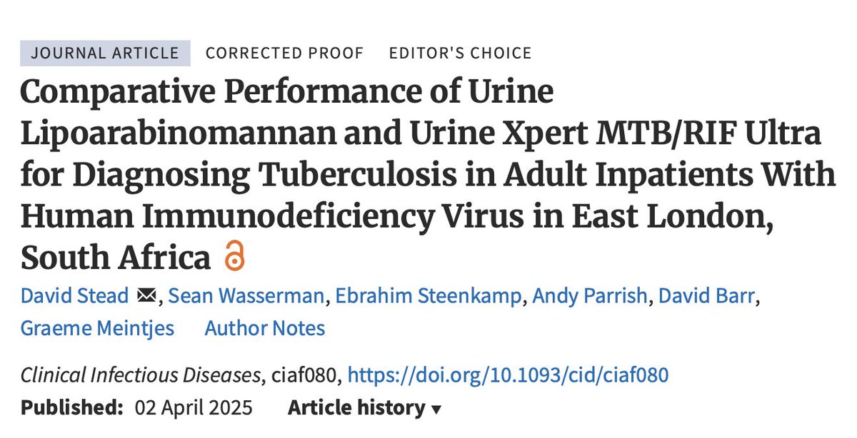 Our paper on urine Xpert Ultra testing in people with HIV admitted to hospital and being investigated for TB ... an important additional test to help make rapid diagnoses among these people. Congrats to Dave Stead who led this study in 2 hospitals in EC🇿🇦

academic.oup.com/cid/advance-ar…