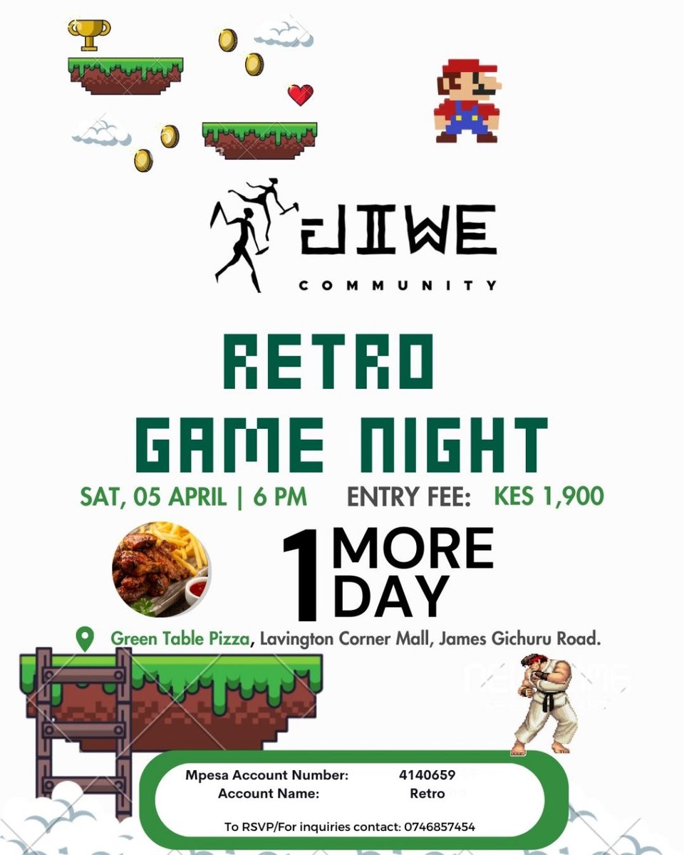 1 day to go! 🎮🔥 Get ready for an epic Retro Game Night at Green Table Pizza! 🕹️ Classic games, great vibes &amp; delicious food await. Don’t miss out—RSVP now! #RetroGameNight #JiweCommunity