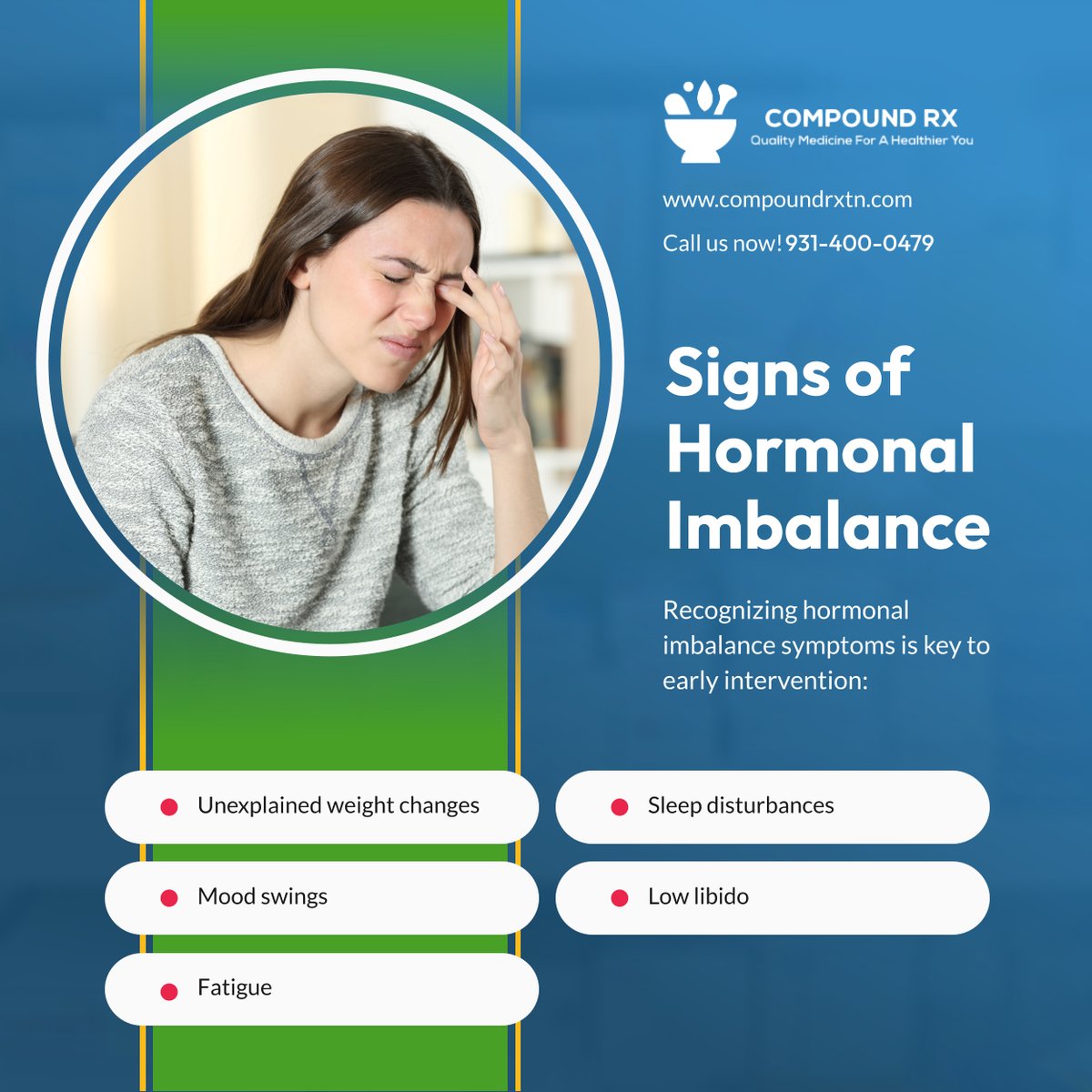 CompoundRx24's tweet image. Experiencing these symptoms? A hormone imbalance may be the cause. Seek personalized hormone therapy for optimal well-being. 

#CookevilleTN #CompoundingPharmacy #HormoneHealth