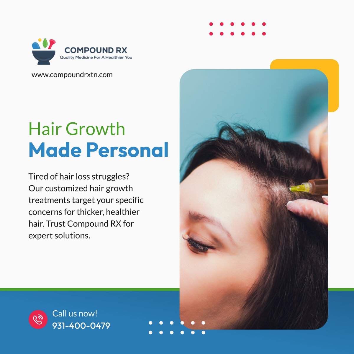 CompoundRx24's tweet image. Say goodbye to hair loss and hello to confidence! Our customized treatments help restore thicker, healthier hair. Contact us for a personalized solution. 

#CookevilleTN #CompoundingPharmacy #HairGrowth