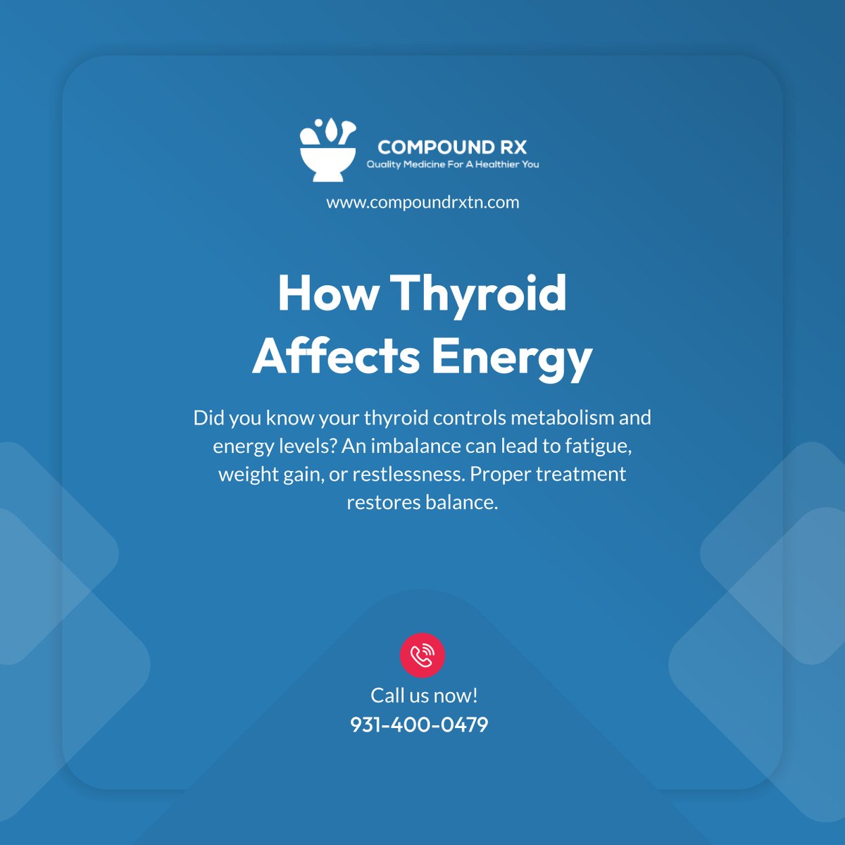 CompoundRx24's tweet image. Your thyroid plays a crucial role in energy and metabolism. Stay informed and take control of your health with the right care. 

#CookevilleTN #CompoundingPharmacy #ThyroidHealth