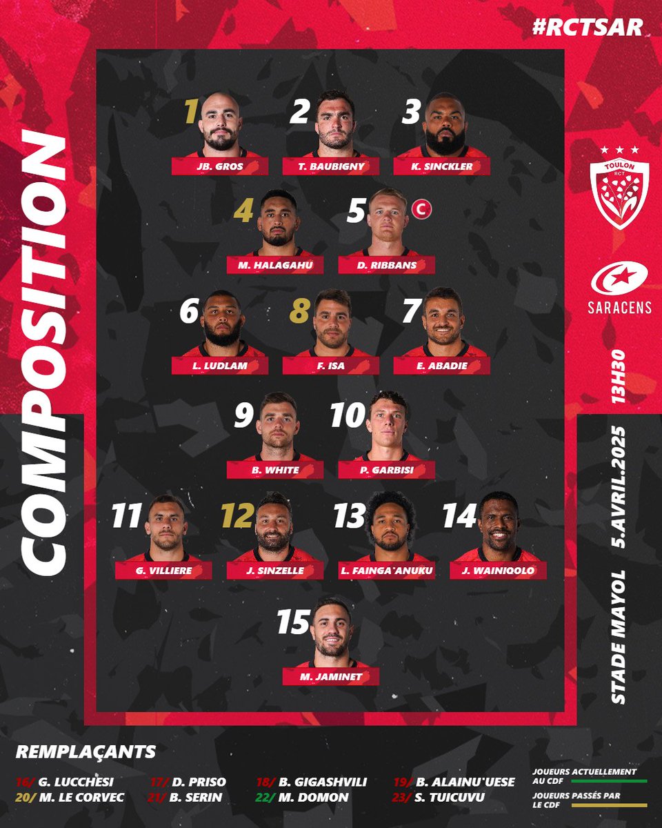 RCT β Rugby Club Toulonnais (@rctofficiel) on Twitter photo β ππ πππππ β
π Sinckler titulaire
πͺ White avec le 9οΈβ£
π Jaminet Γ l'arriΓ¨re
Voici les 2οΈβ£3οΈβ£ π΄&β« pour affronter les <a href="/Saracens/">Saracens Rugby Club</a> ce samedi au Stade Mayol !
#ParceQueToulon #RCTvSAR β ππ πππππ β
π Sinckler titulaire
πͺ White avec le 9οΈβ£
π Jaminet Γ l'arriΓ¨re
Voici les 2οΈβ£3οΈβ£ π΄&β« pour affronter les <a href="/Saracens/">Saracens Rugby Club</a> ce samedi au Stade Mayol !
#ParceQueToulon #RCTvSAR