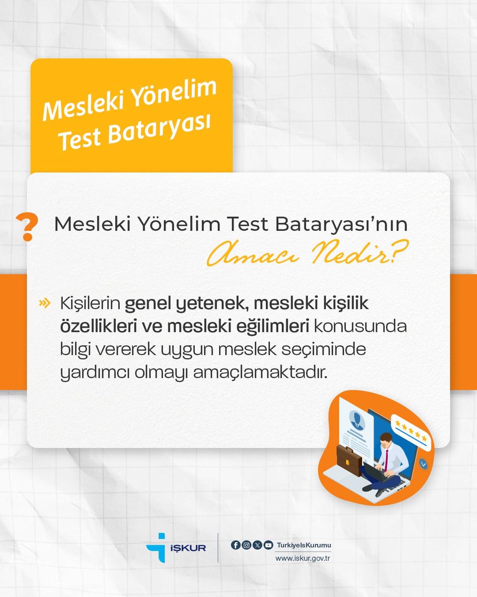 TurkiyeIsKurumu's tweet photo. Mesleki Yönelim Test Bataryası’nın Amacı Nedir❓ https://t.co/bbIOIIoT9S