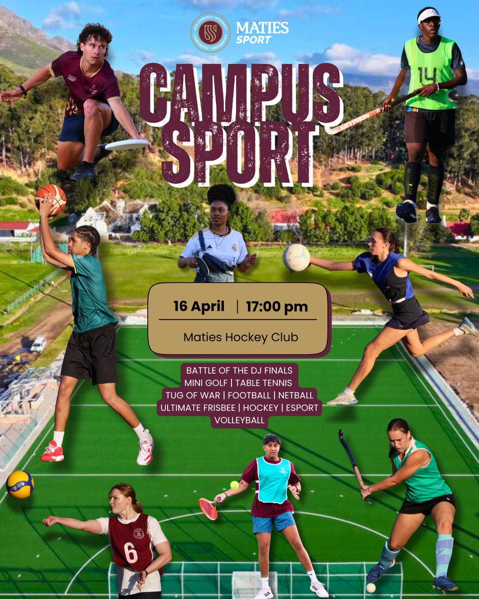 Hey Maties😍

Come through for the final Campus Sport night on April 16th at Coetzenburg for a jam-packed lineup of sports, crazy hype and the final Battle of the DJs competition🪩

Trust us, you don’t wanna miss out 💖

We’ll see you there—bring the energy 🔥