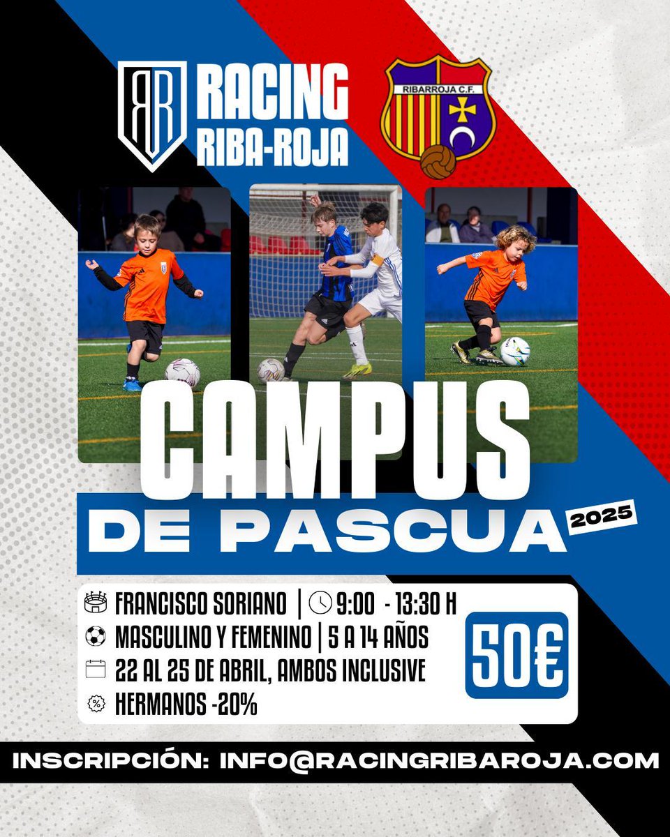 Campus de Pascua. 
<a href="/RacingRibaroja/">CD Racing Riba-roja</a> <a href="/RIBARROJACF1942/">RIBARROJA C.F.</a>
<a href="/ayto_riba_roja/">Ayto Riba-roja</a>
NO TE QUEDES SIN PLAZA !!!⚽️⚽️⚽️