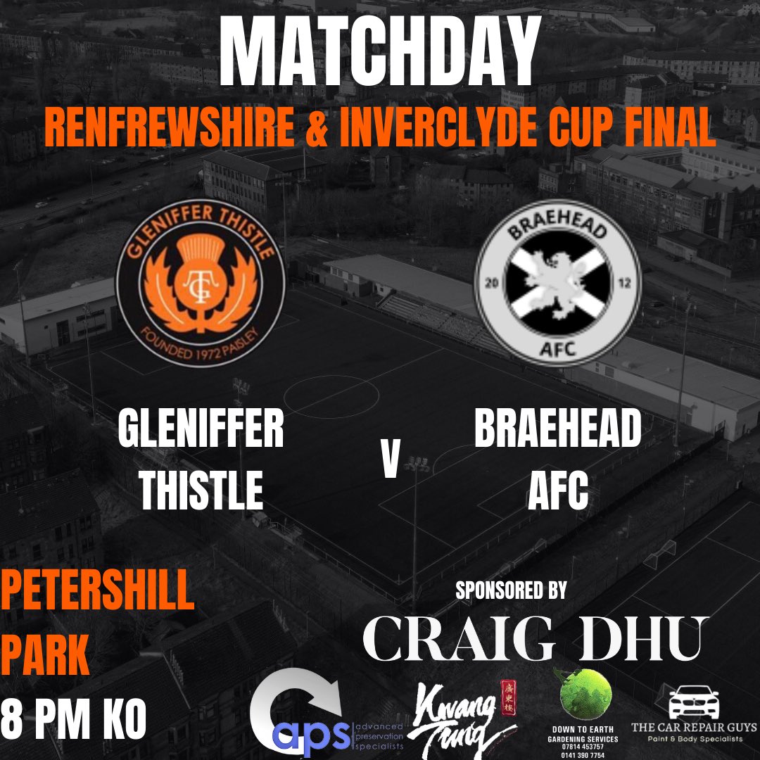 It’s matchday!! 🏆🟧⬛️

Tonight is the Renfrewshire &amp; Inverclyde Cup Final at Petershill Park as we take on Braehead.

Get down and the support the boys. It’s £5 for adults and £1 for kids, cash entry at the gate with gates opening at 7.30pm. Kick off is 8pm 🟧⬛️