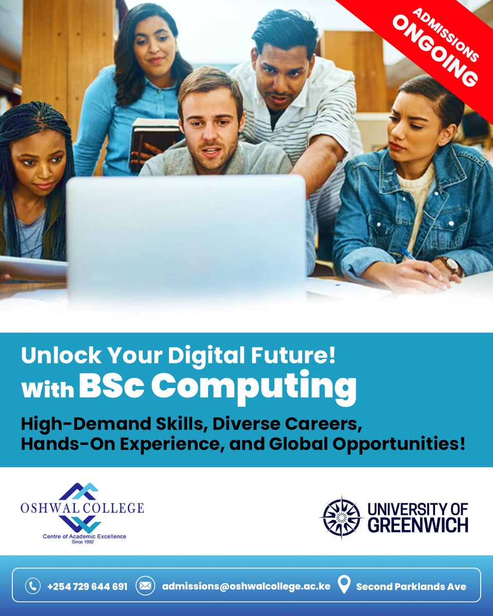 Earn a BSc Computing Degree from University of Greenwich at Oshwal College!
Launch your global IT career today. #OshwalCollege #BScComputing #TechCareers #StudyInKenya #ICT