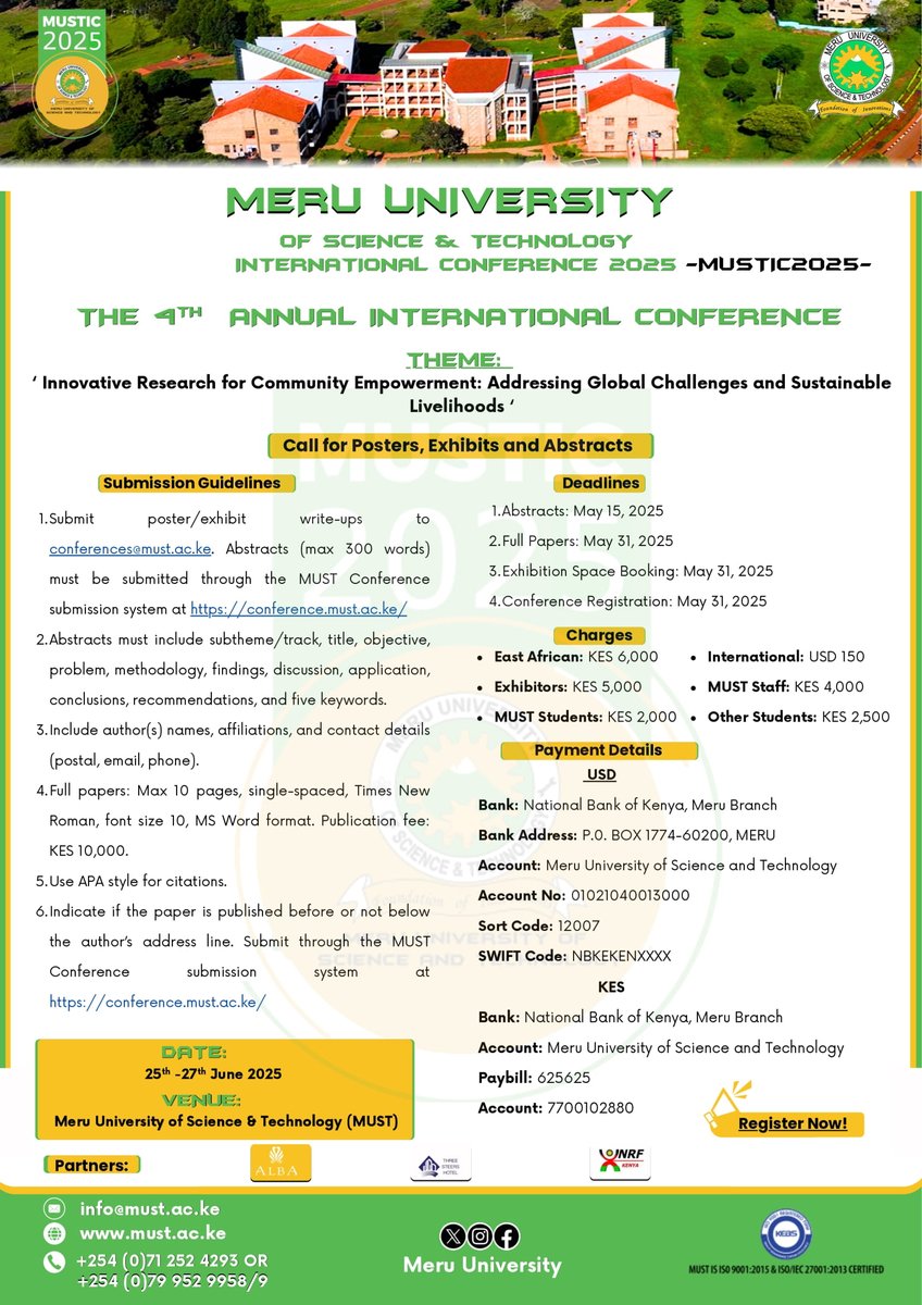 MeruUniversity's tweet image. MUSTIC 2025 is here! Join us from June 25th – 27th, 2025, at Meru University of Science &amp;amp; Technology for the 4th Annual International Conference.
Submit your abstract and be part of the conversation!

#MUSTIC2025 
#proudlymust
#FutureOfResearch