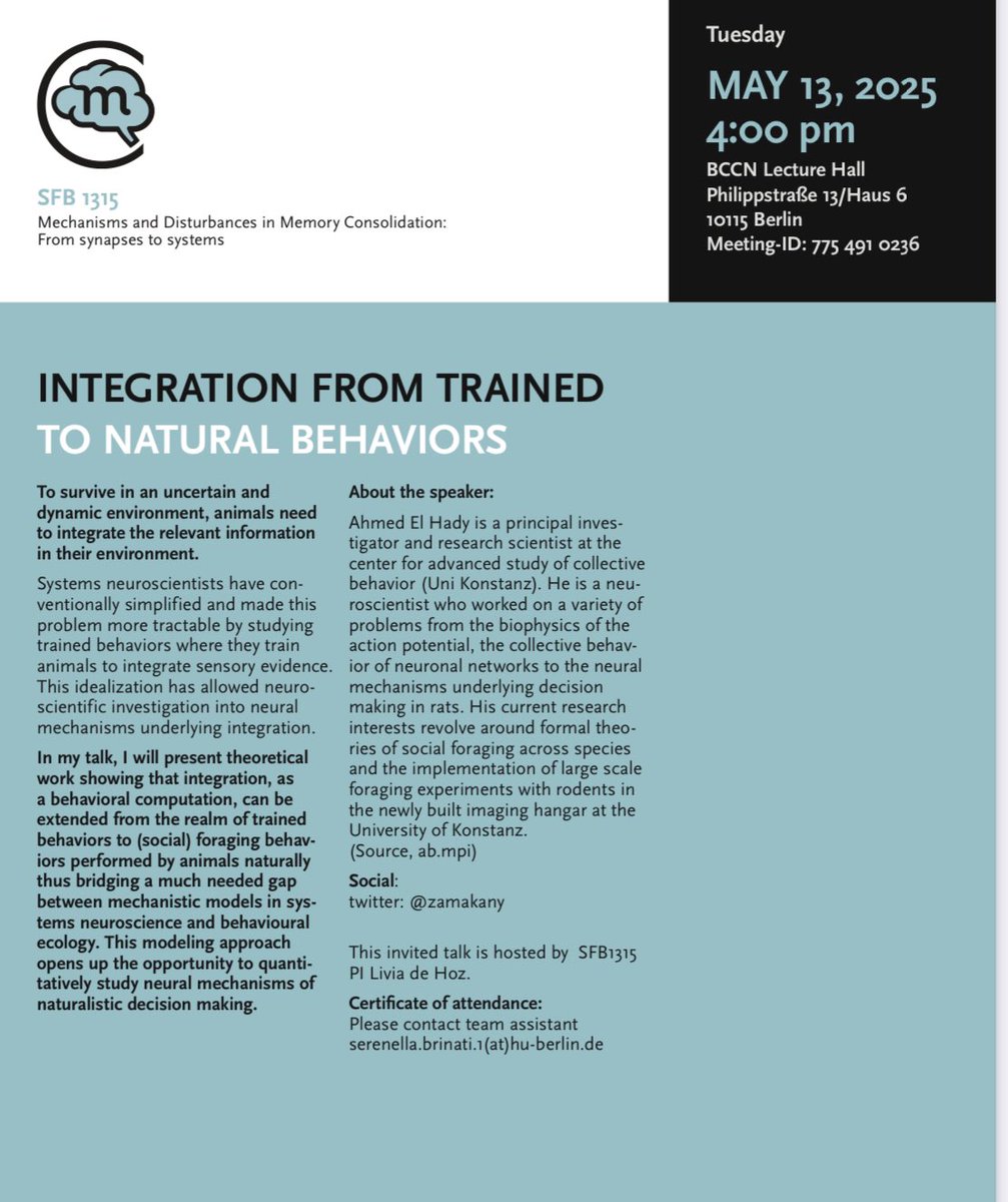 Ahmed El Hady (@zamakany) on Twitter photo If you are around in Berlin , make sure to mark your calendar on May 13th when I will be giving my seminar hosted by <a href="/liviadehoz/">Livia de Hoz</a> . All details
In this link : sfb1315.de/events/integra… If you are around in Berlin , make sure to mark your calendar on May 13th when I will be giving my seminar hosted by <a href="/liviadehoz/">Livia de Hoz</a> . All details
In this link : sfb1315.de/events/integra…