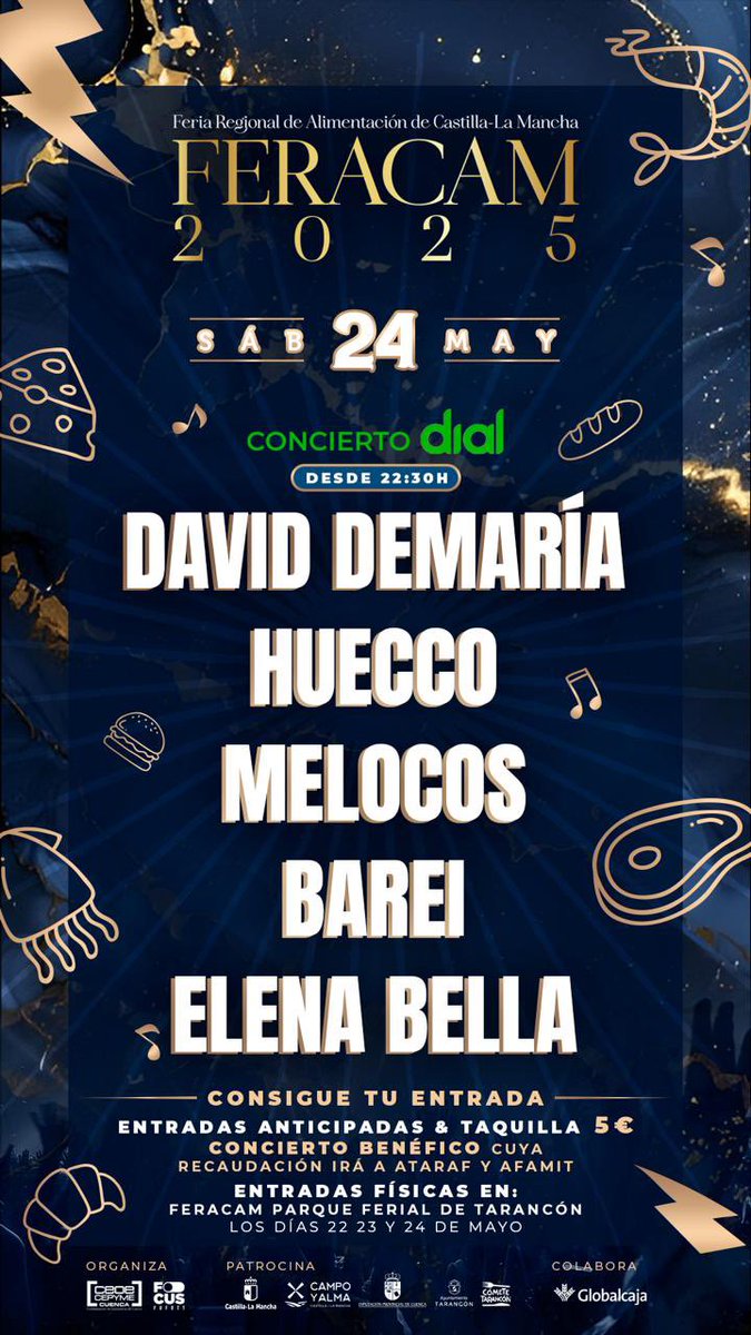 💚💚 <a href="/Cadena_Dial/">Cadena Dial España</a> y #FeracamFest presentamos #ConciertoCadenaDial

🗓️ 24/05
📍 Centro Escénico San Isidro, Tarancón 

Con el directo de <a href="/DavidDeMaria/">David DeMaría</a> y las actuaciones de <a href="/Huecco/">HUECCO</a> <a href="/melocosoficial/">Melocos</a> <a href="/BareiMusic/">Barei Music</a> y <a href="/elenabellamusic/">Elena Bella</a> 

¡Música, solidaridad y una fiesta para la historia!