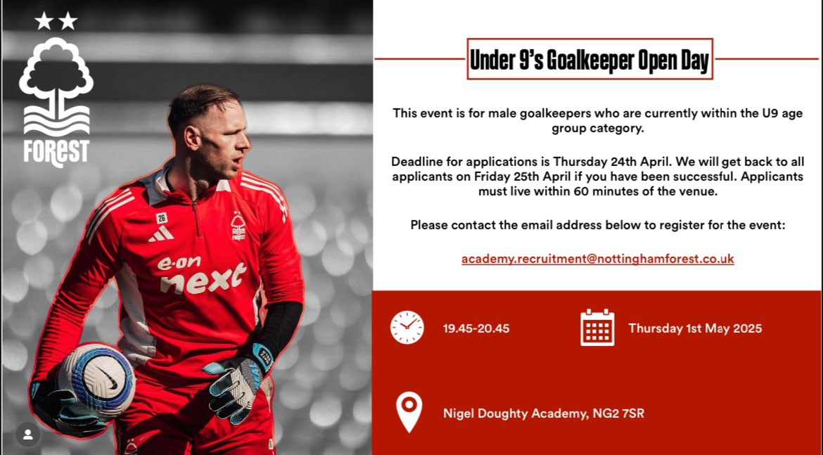 🧤 🌳 NOTTINGHAM FOREST UNDER 9 GOALKEEPER OPEN DAY - Please see details on how to apply below