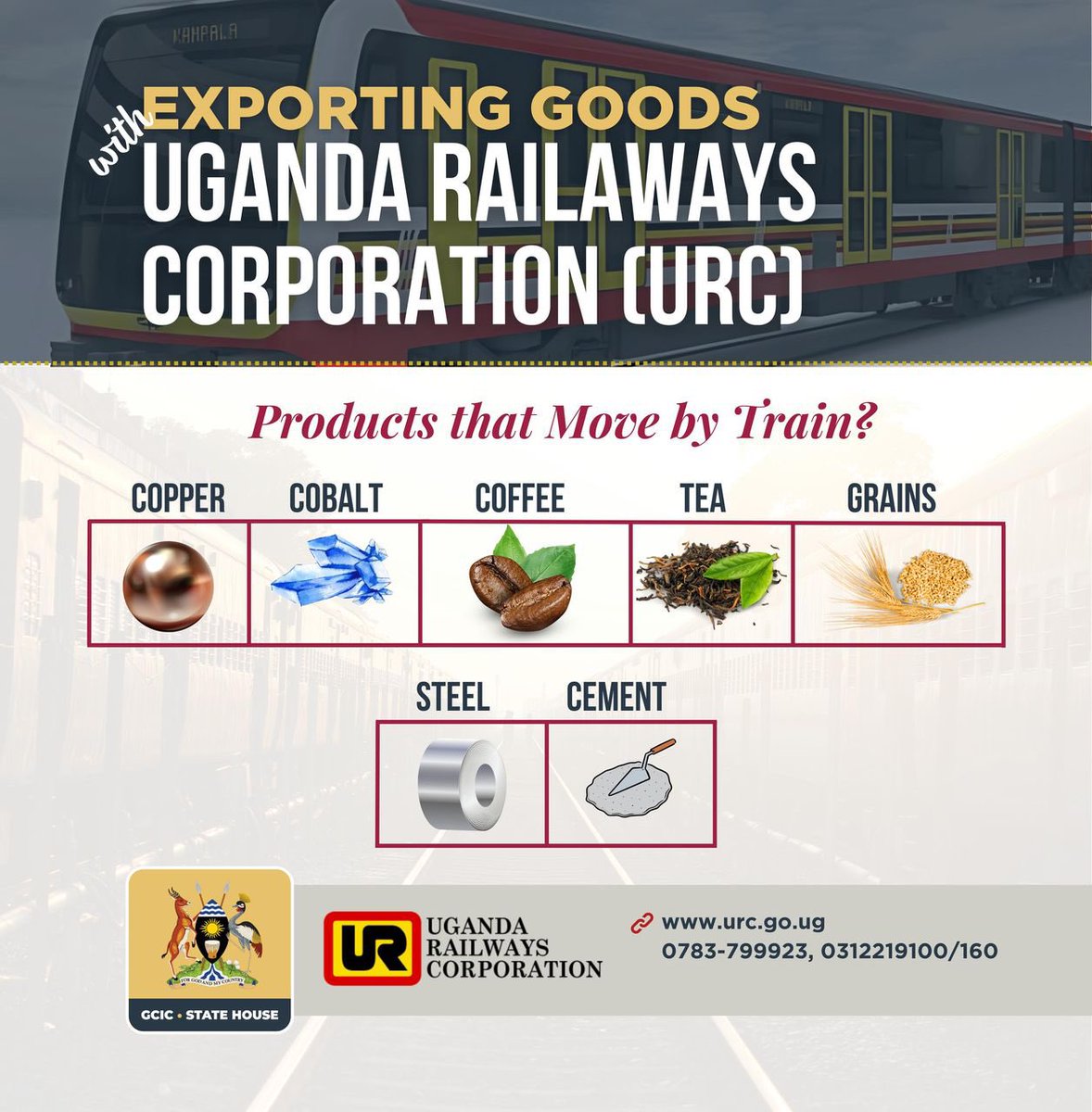 Marcella Karekye (@mkarekye) on Twitter photo <a href="/GovUganda/">Government of Uganda</a> embarked on rehabilitating key meter gauge routes and now John can export your goods with <a href="/RailwaysUganda/">UGANDA RAILWAYS CORPORATION</a>! 🚆
Move copper, cobalt, coffee, tea, grains, steel, and cement efficiently. Reliable rail transport to Mombasa & Lake Victoria. Book now: urc.go.ug <a href="/GovUganda/">Government of Uganda</a> embarked on rehabilitating key meter gauge routes and now John can export your goods with <a href="/RailwaysUganda/">UGANDA RAILWAYS CORPORATION</a>! 🚆
Move copper, cobalt, coffee, tea, grains, steel, and cement efficiently. Reliable rail transport to Mombasa & Lake Victoria. Book now: urc.go.ug