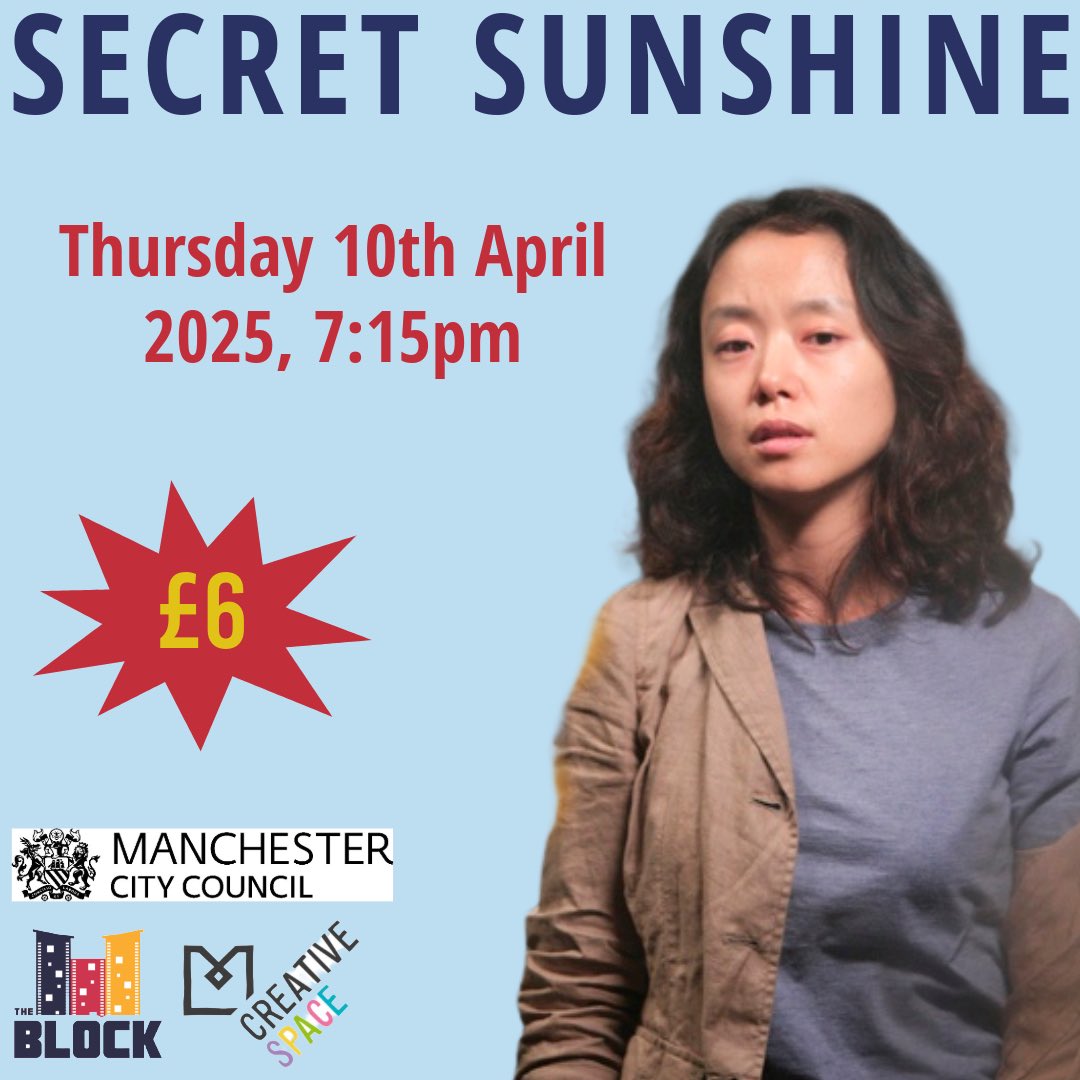 Our next screening is Secret Sunshine. A grieving widow relocates to her late husband’s hometown, seeking solace, but encounters unforeseen challenges that test her faith and resilience 🎬

Tickets can be purchased online or on the door 🎟️ 
 
blockcinema.org