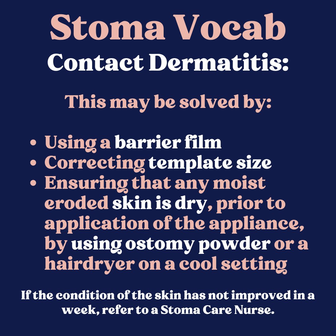 Stoma Vocab!🤔 

Let's learn about contact dermatitis for those with a stoma.

Contact dermatitis is a common skin condition that occurs due to irritation from the adhesive used in pouches or leakage of bodily fluids.

#StomaCare #DermatitisAwareness #OstomyLife  #OstomySupport