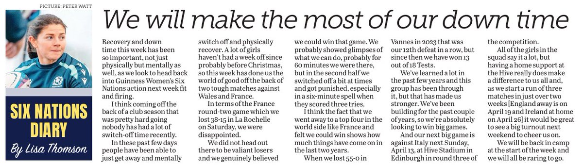 Gary Heatly (@g_hmedia) on Twitter photo "Recovery + down time this week has been so important, not just physically but mentally as well as we look to head back into <a href="/Womens6Nations/">Guinness Women's Six Nations</a> action next week fit + firing"...
<a href="/Scotlandteam/">Scottish Rugby</a> centre <a href="/lisathomson10/">Lisa Thomson</a>'s latest W6Ns diary via <a href="/TheHawickPaper/">The Hawick Paper</a> "Recovery + down time this week has been so important, not just physically but mentally as well as we look to head back into <a href="/Womens6Nations/">Guinness Women's Six Nations</a> action next week fit + firing"...
<a href="/Scotlandteam/">Scottish Rugby</a> centre <a href="/lisathomson10/">Lisa Thomson</a>'s latest W6Ns diary via <a href="/TheHawickPaper/">The Hawick Paper</a>