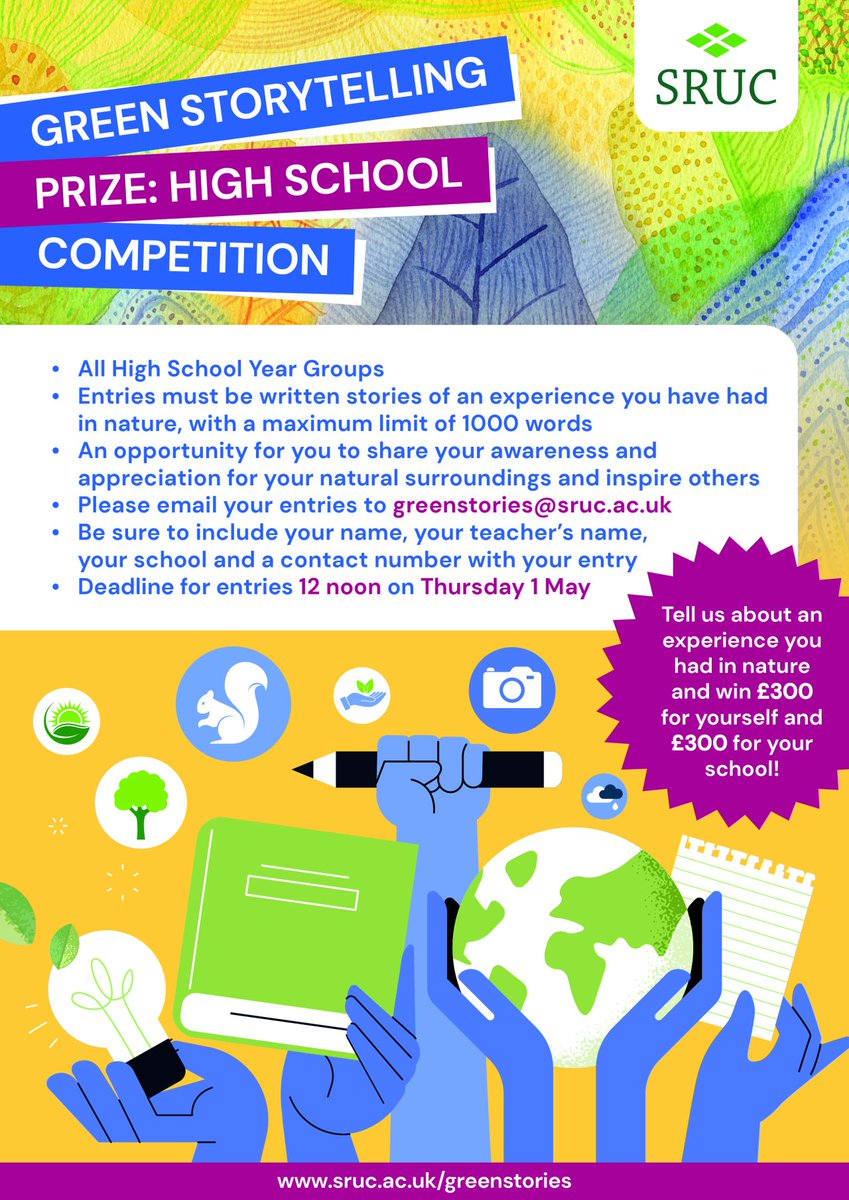 Competition time!

<a href="/SRUC/">SRUC</a> 's Green Storytelling Competition is open for entries from both primary and secondary school pupils.

Entries should be submitted by Thursday, 1 May. Why not start work on yours during the Easter holidays?