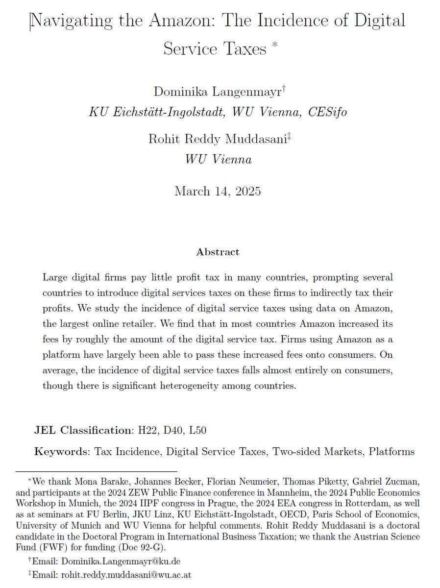 Die Steuer besteuert den Umsatz. Ähnlich wie eine Mehrwertsteuer würde man daher erwarten, dass sie überwälzt wird. Ich arbeite gerade an einem Paper dazu (mit Rohit Muddasani, <a href="/wu_vienna/">WU Vienna</a>), in dem wir das empirisch mit Daten zu Amazon untersuchen.