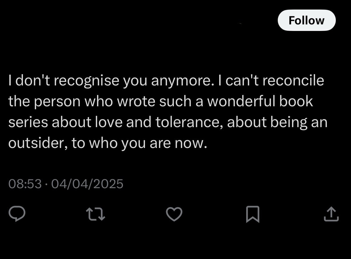 jk_rowling's tweet image. You appear to have skipped the bits where a narcissistic villain and his acolytes, all of whom had an innate advantage over those they were persecuting, tried to create a totalitarian state with themselves as leaders, all while claiming they were the truly oppressed ones.