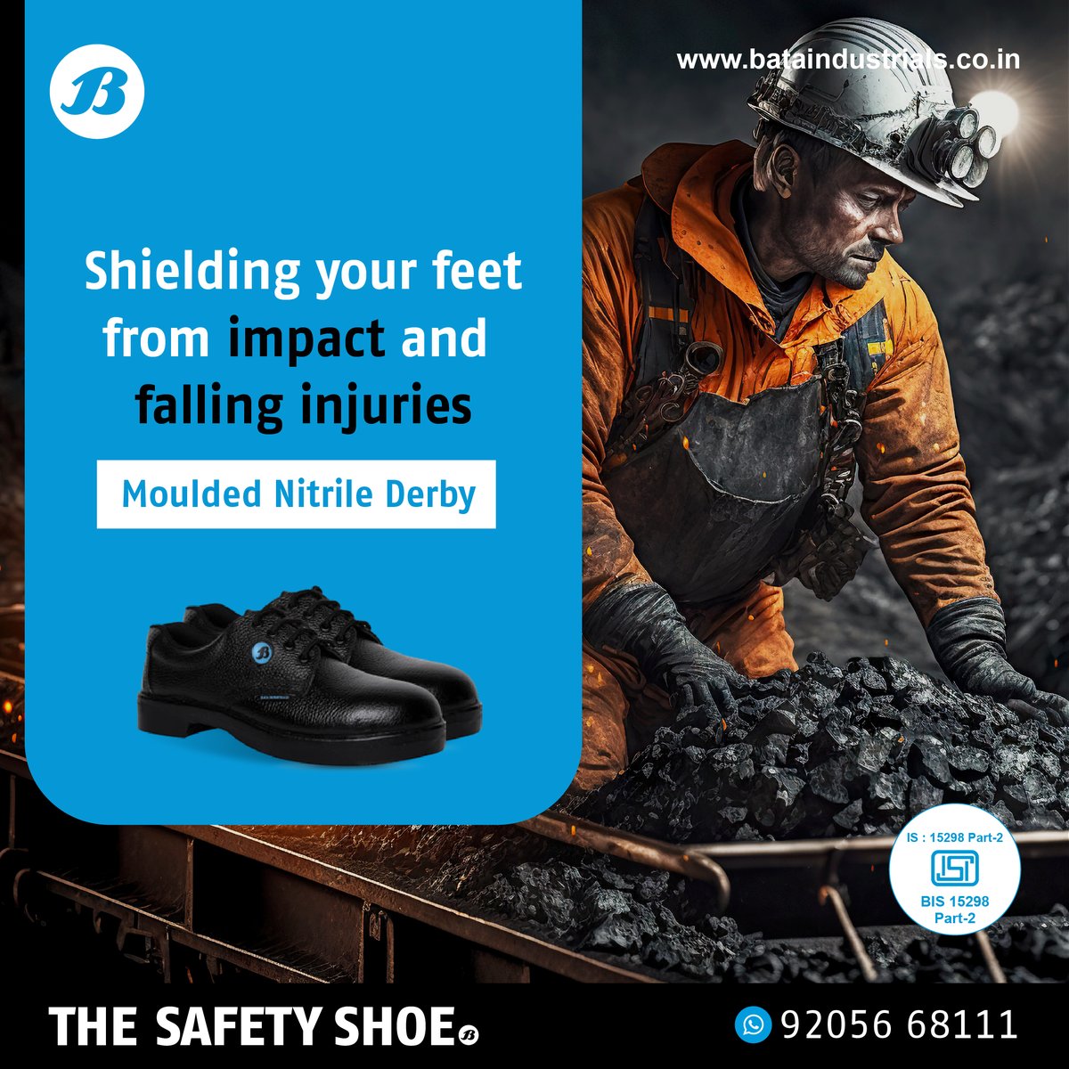 Bata_Ind_India's tweet photo. The Bata Industrials MouldedNitrile Derby is designed to shield your feet from impact and falling injuries in high-risk environments like metal and mining industries. Featuring a 200J steel toe cap, it provides superior protection against heavy falling objects. https://t.co/Q7aLpF3H0x