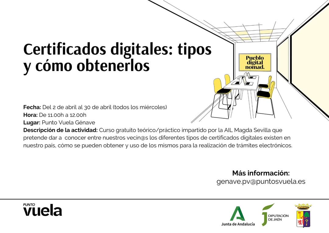 Curso gratuito teórico/práctico impartido por la AIL Magda Sevilla que pretende dar a  conocer entre nuestros vecin@s los diferentes tipos de certificados digitales existen en nuestro país, cómo se pueden obtener y uso de los mismos para la realización de trámites electrónicos.