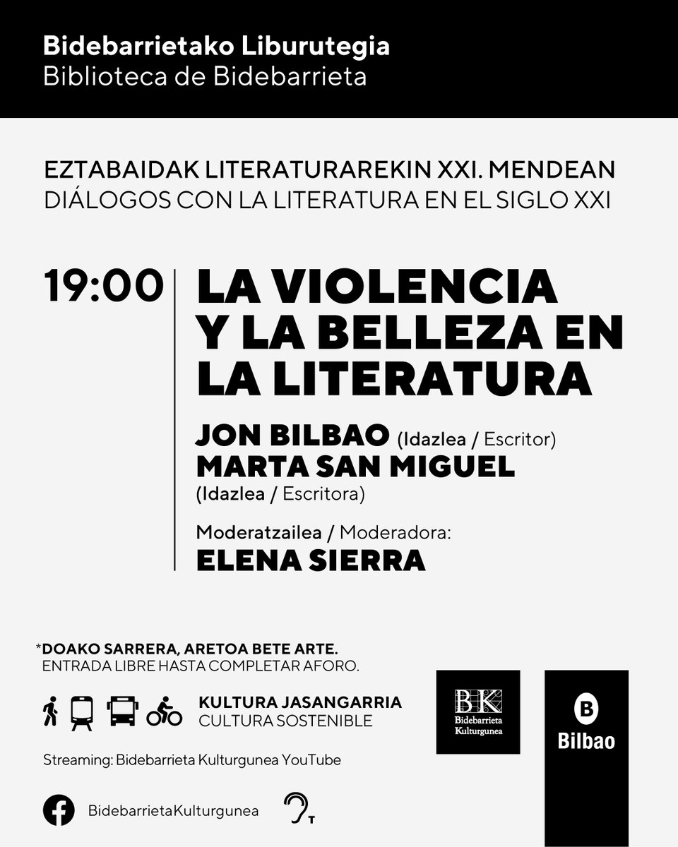 Bilbao Kultura (@bilbaokultura) on Twitter photo 💬 El 8 de abril, “Diálogos con la literatura en el siglo XXI” reunirá a Jon Bilbao y <a href="/MartaSMF/">Marta San Miguel</a> en un debate sobre la violencia y la belleza en la literatura 🔗labur.eus/yqxmz2cc
#BidebarrietaKulturgunea 💬 El 8 de abril, “Diálogos con la literatura en el siglo XXI” reunirá a Jon Bilbao y <a href="/MartaSMF/">Marta San Miguel</a> en un debate sobre la violencia y la belleza en la literatura 🔗labur.eus/yqxmz2cc
#BidebarrietaKulturgunea