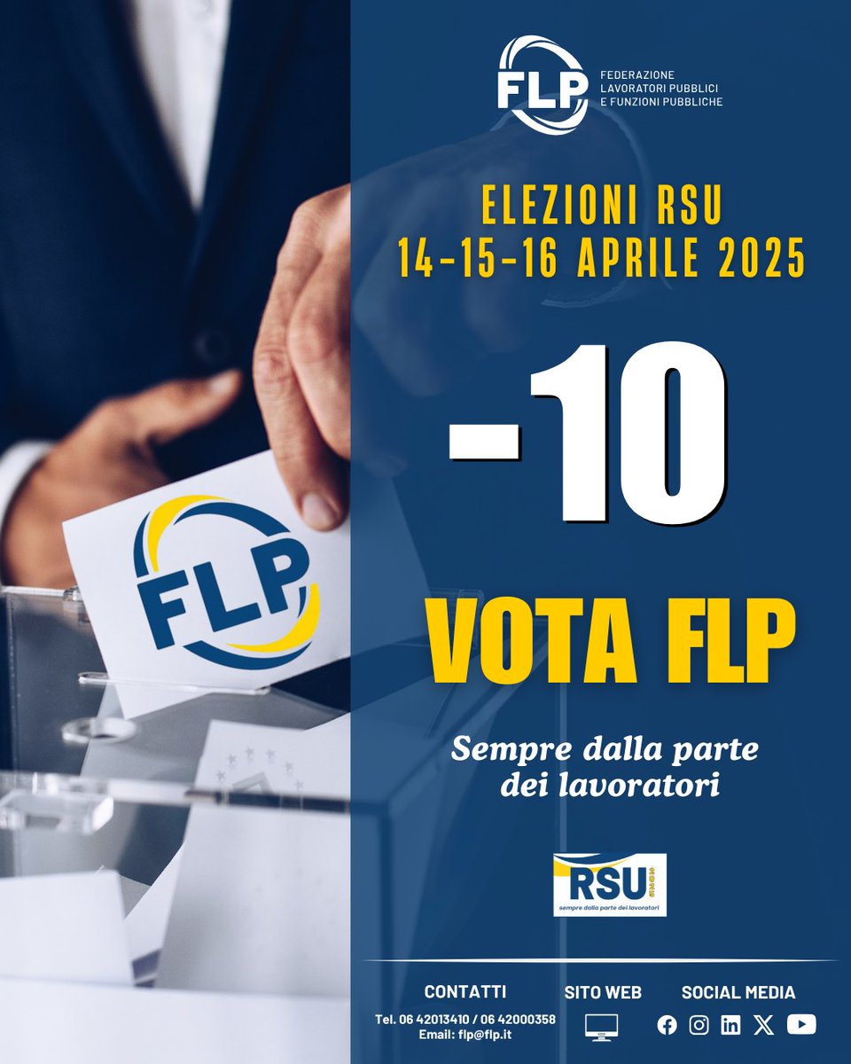 📅 -10 giorni alle elezioni RSU 2025!
🗳️ Il 14, 15 e 16 aprile scegli chi difende davvero il lavoro pubblico.
📌 Vota FLP, sempre dalla parte dei lavoratori.
👉🏼 Visita il nostro sito flp.it per scoprire di più.

#VotaFLP #RSU2025